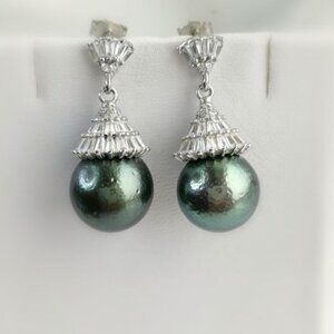 NEW Tahitian South Sea Pearl White Sapphire drop earrings 13mm